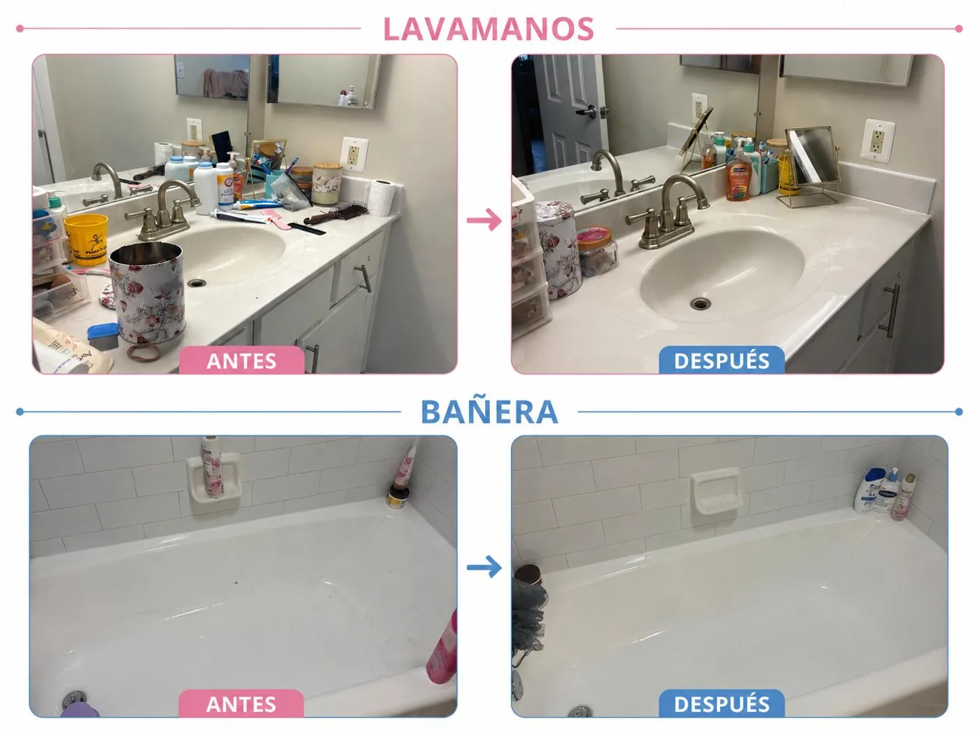 Bathroom sink and bathtub before and after cleaning