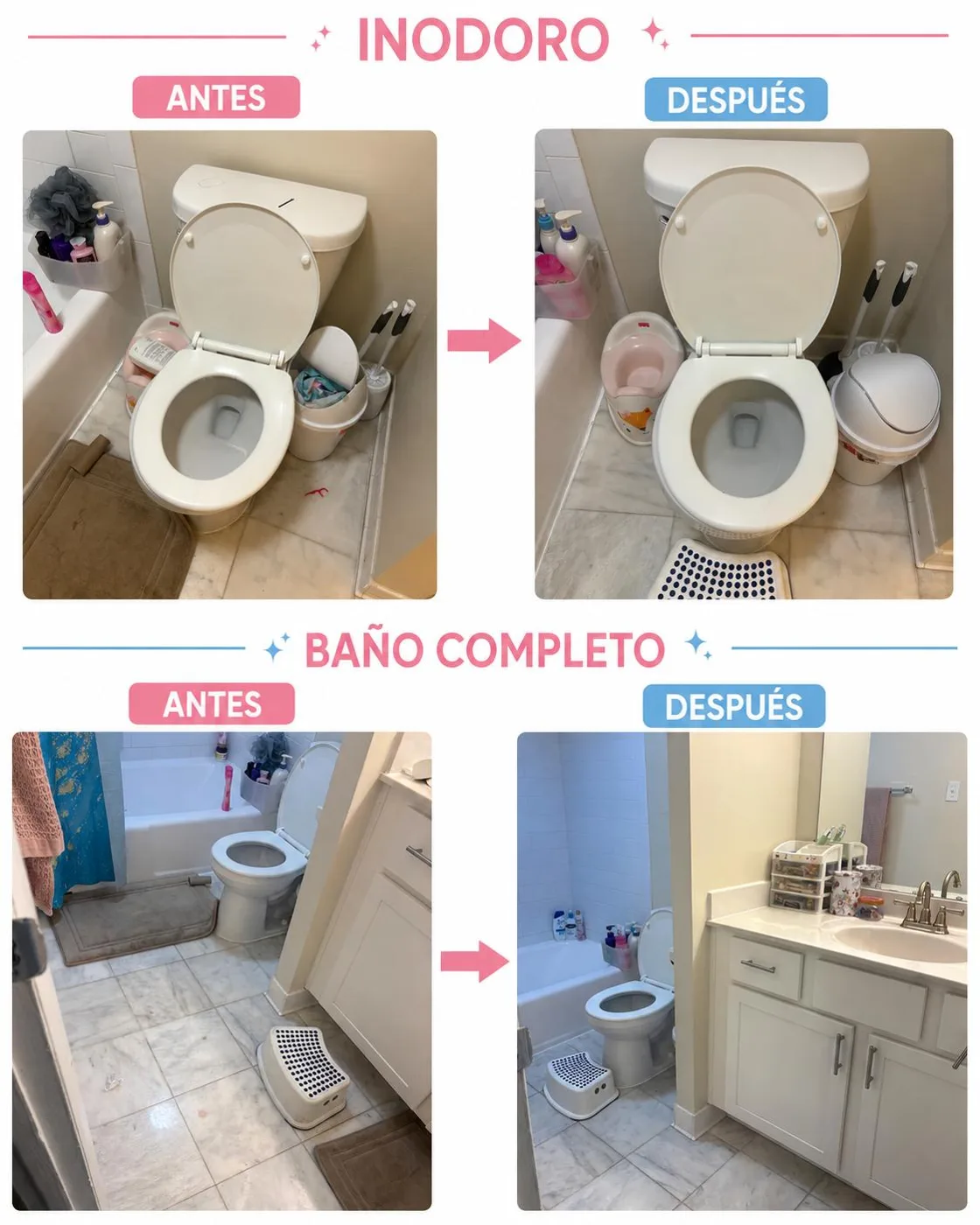 Toilet and full bathroom before and after cleaning