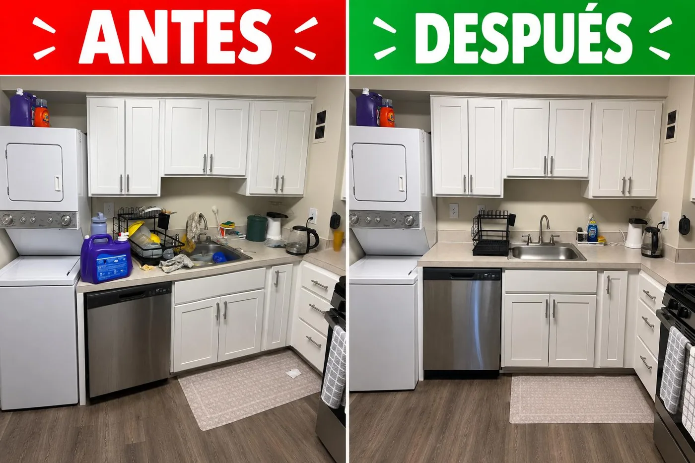 Kitchen and laundry before and after cleaning
