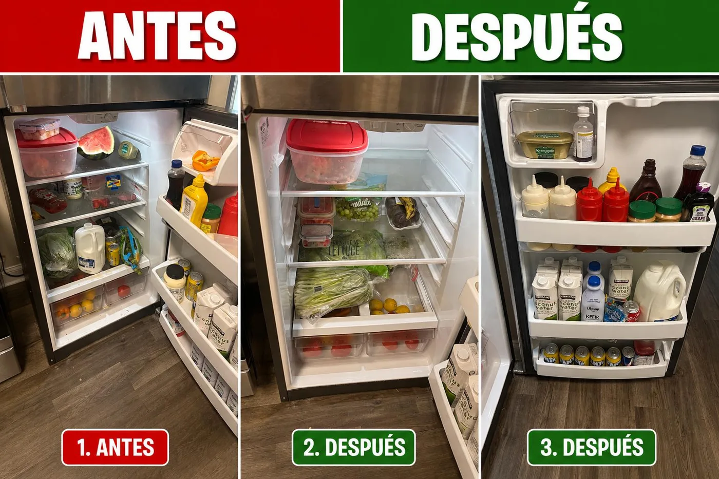 Refrigerator before and after cleaning and organizing