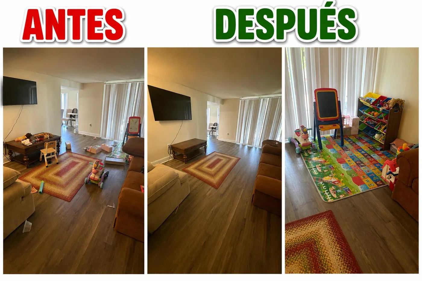 Living room before and after cleaning